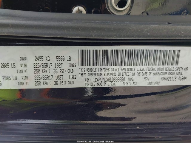 45782383 :رقم المزاد ، 1C4PJMLX6LD608050 vin ، 2020 Jeep Cherokee Latitude Plus 4x4 مزاد بيع