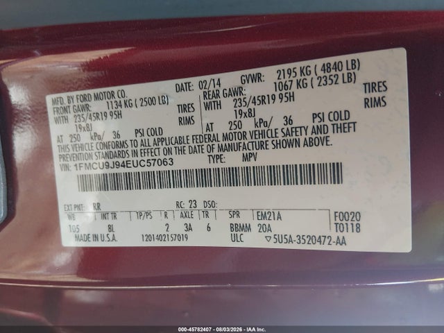 45782407 :رقم المزاد ، 1FMCU9J94EUC57063 vin ، 2014 Ford Escape Titanium مزاد بيع