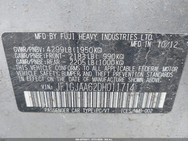 45782411 :رقم المزاد ، JF1GJAA62DH011714 vin ، 2013 Subaru Impreza 2.0i مزاد بيع
