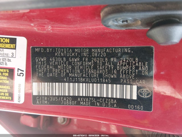 45782412 :رقم المزاد ، 4T1J11BKXLU011845 vin ، 2020 Toyota Camry Se Awd مزاد بيع