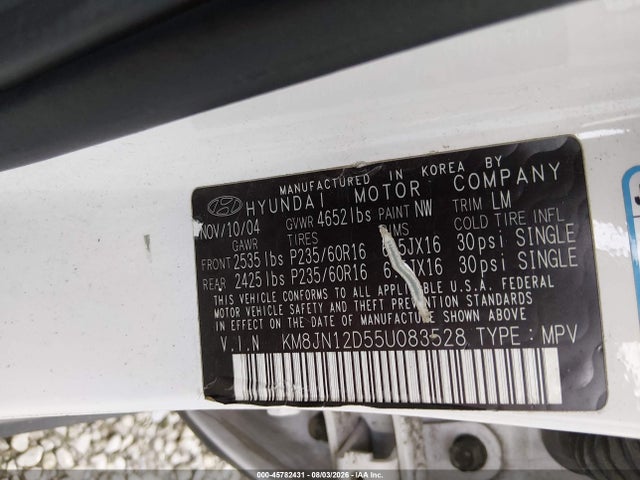 45782431 :رقم المزاد ، KM8JN12D55U083528 vin ، 2005 Hyundai Tucson Gls/lx مزاد بيع