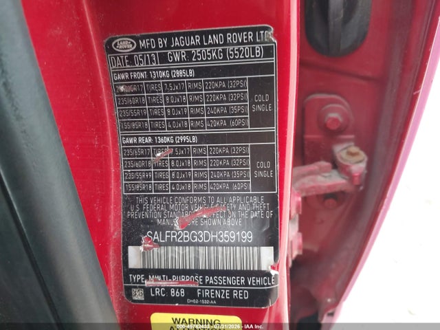 45782433 :رقم المزاد ، SALFR2BG3DH359199 vin ، 2013 Land Rover Lr2 مزاد بيع