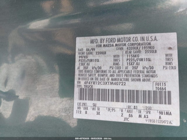 Продаж на аукціоні авто 1999 Mazda B2500 Se/sx/tl, vin: 4F4YR12C3XTM40722, номер лоту: 45782435