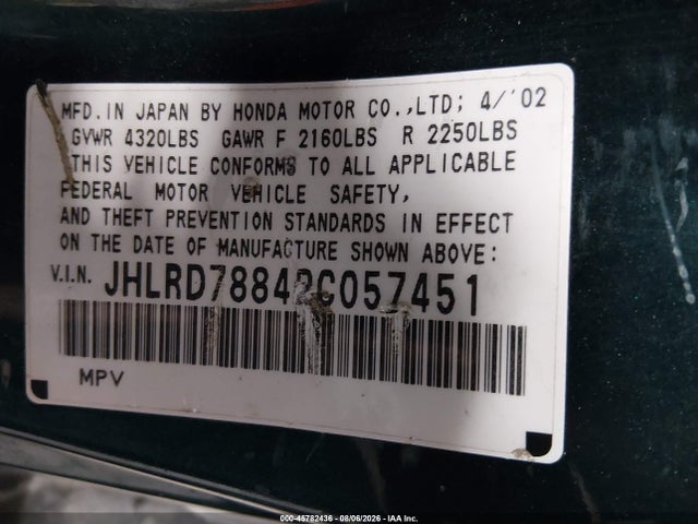 Aukcja sprzedaży 2002 Honda Cr-v Ex, vin: JHLRD78842C057451, numer aukcji: 45782436
