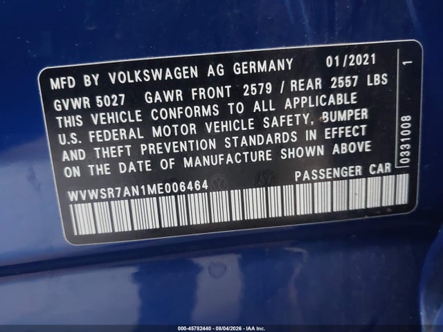 Продаж на аукціоні авто 2021 Volkswagen Arteon 2.0t Sel R-line, vin: WVWSR7AN1ME006464, номер лоту: 45782440