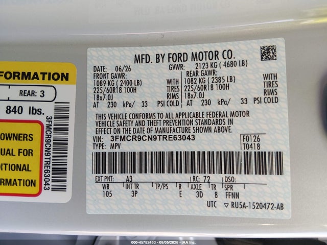 Продажа на аукционе авто 2026 Ford Bronco Sport Outer Banks, vin: 3FMCR9CN9TRE63043, номер лота: 45782453