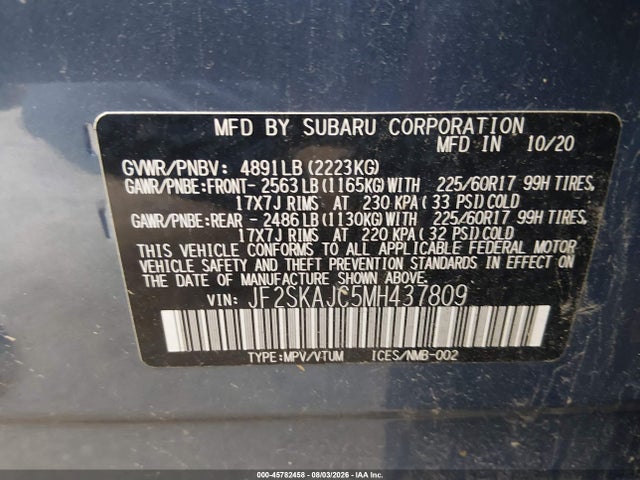 2021 Subaru Forester Premium მანქანა იყიდება აუქციონზე, vin: JF2SKAJC5MH437809, აუქციონის ნომერი: 45782458