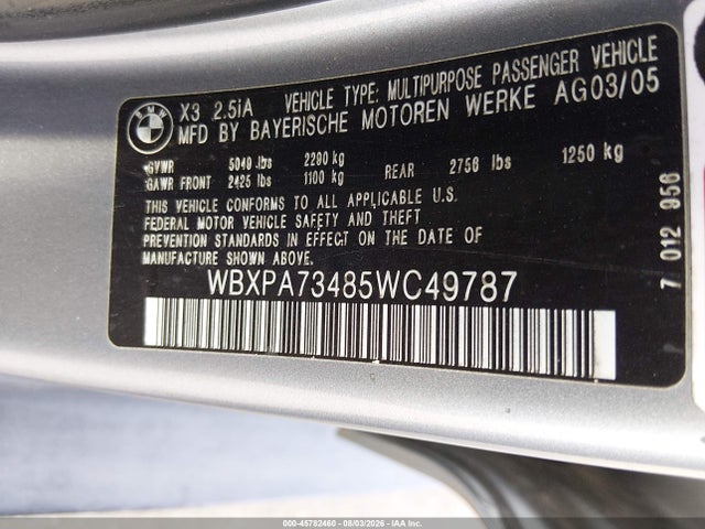 Aukcja sprzedaży 2005 Bmw X3 2.5i, vin: WBXPA73485WC49787, numer aukcji: 45782460