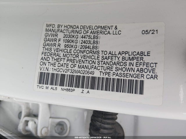 2021 Honda Accord Sport 2.0t მანქანა იყიდება აუქციონზე, vin: 1HGCV2F32MA020649, აუქციონის ნომერი: 45782475