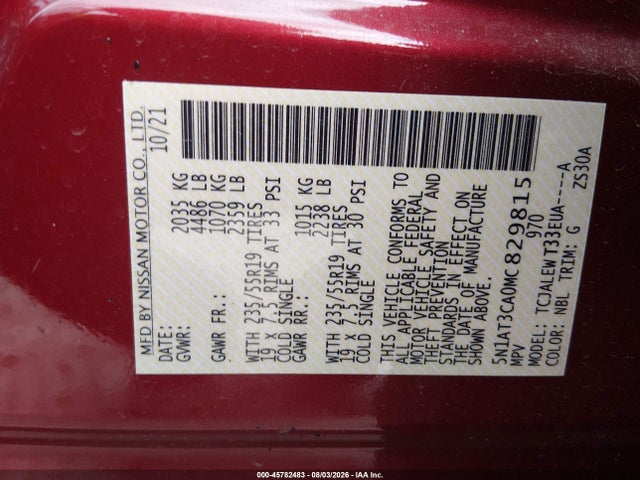 Продажа на аукционе авто 2021 Nissan Rogue Sl Fwd, vin: 5N1AT3CA0MC829815, номер лота: 45782483