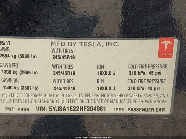 Aukcja sprzedaży 2017 Tesla Model S 100d/60d/75d/90d/p100d, vin: 5YJSA1E22HF204981, numer aukcji: 45782501