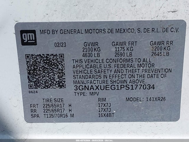 Aukcja sprzedaży 2023 Chevrolet Equinox Awd Lt, vin: 3GNAXUEG1PS177034, numer aukcji: 45782504
