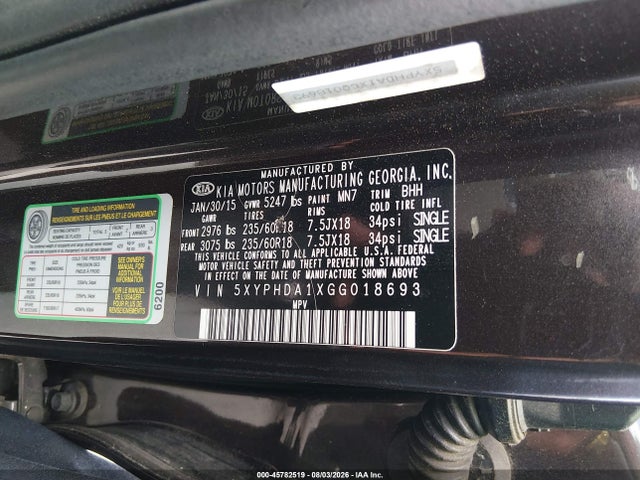 45782519 :رقم المزاد ، 5XYPHDA1XGG018693 vin ، 2016 Kia Sorento 2.0t Ex مزاد بيع