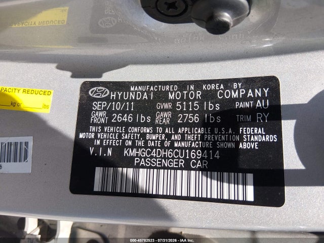 Aukcja sprzedaży 2012 Hyundai Genesis 5.0 R-spec, vin: KMHGC4DH6CU169414, numer aukcji: 45782523