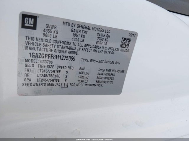 45782541 :رقم المزاد ، 1GAZGPFF8H1275069 vin ، 2017 Chevrolet Express 3500 Lt مزاد بيع