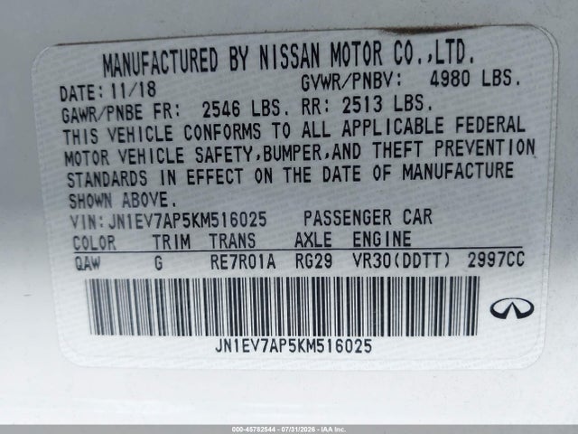 Продажа на аукционе авто 2019 Infiniti Q50 3.0t Luxe, vin: JN1EV7AP5KM516025, номер лота: 45782544