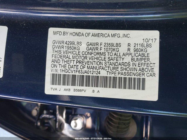 Honda Accord Ex-l 2018 1HGCV1F63JA012124 Image 9