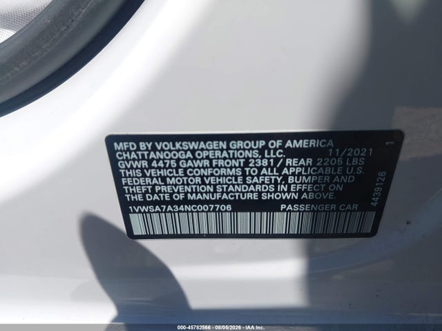 2022 Volkswagen Passat 2.0t Se მანქანა იყიდება აუქციონზე, vin: 1VWSA7A34NC007706, აუქციონის ნომერი: 45782566