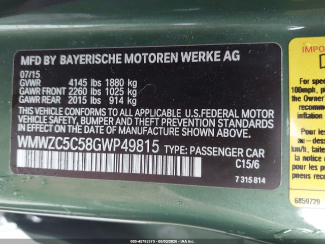 2016 Mini Countryman Cooper S მანქანა იყიდება აუქციონზე, vin: WMWZC5C58GWP49815, აუქციონის ნომერი: 45782570