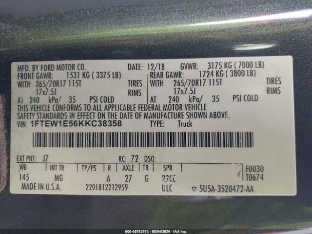 2019 Ford F-150 Xlt მანქანა იყიდება აუქციონზე, vin: 1FTEW1E56KKC38358, აუქციონის ნომერი: 45782573