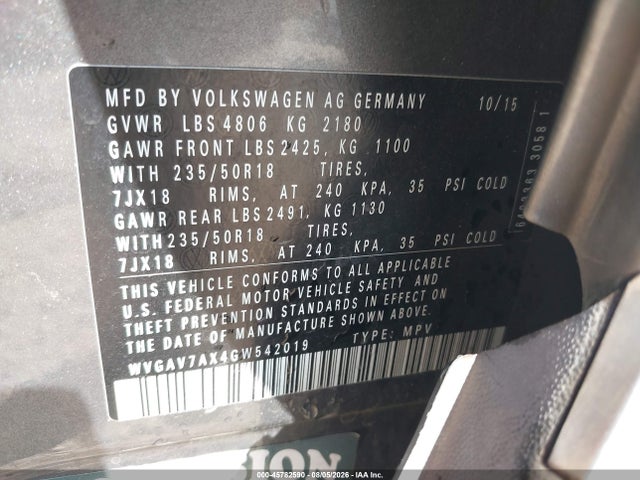 Aukcja sprzedaży 2016 Volkswagen Tiguan Se, vin: WVGAV7AX4GW542019, numer aukcji: 45782590