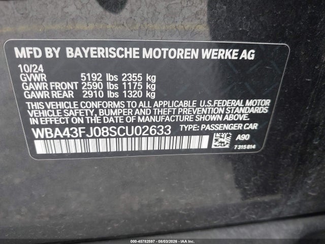 Продаж на аукціоні авто 2025 Bmw 530i, vin: WBA43FJ08SCU02633, номер лоту: 45782597