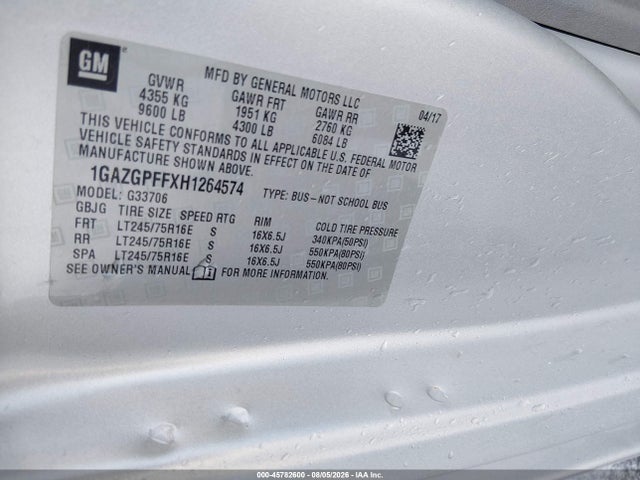 45782600 :رقم المزاد ، 1GAZGPFFXH1264574 vin ، 2017 Chevrolet Express 3500 Lt مزاد بيع