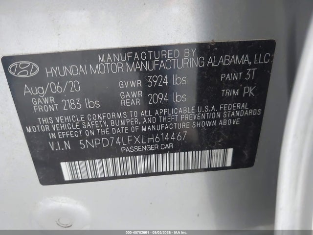 45782601 :رقم المزاد ، 5NPD74LFXLH614467 vin ، 2020 Hyundai Elantra Se مزاد بيع