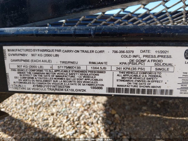 45782605 :رقم المزاد ، 4YMBU1011NT002709 vin ، 2022 Carry-on Utility Trailer مزاد بيع