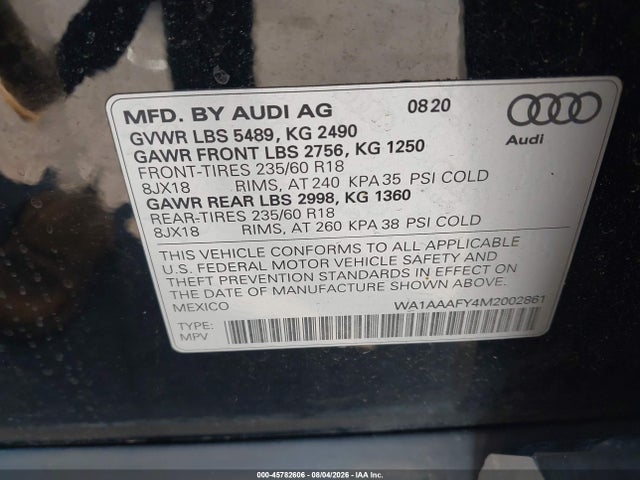 45782606 :رقم المزاد ، WA1AAAFY4M2002861 vin ، 2021 Audi Q5 Premium 45 Tfsi Quattro S Tronic مزاد بيع