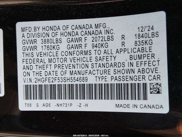 2025 Honda Civic Sport მანქანა იყიდება აუქციონზე, vin: 2HGFE2F53SH554689, აუქციონის ნომერი: 45782614