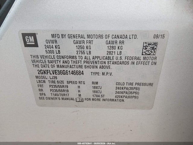45782641 :رقم المزاد ، 2GKFLVE36G6146684 vin ، 2016 Gmc Terrain Denali مزاد بيع