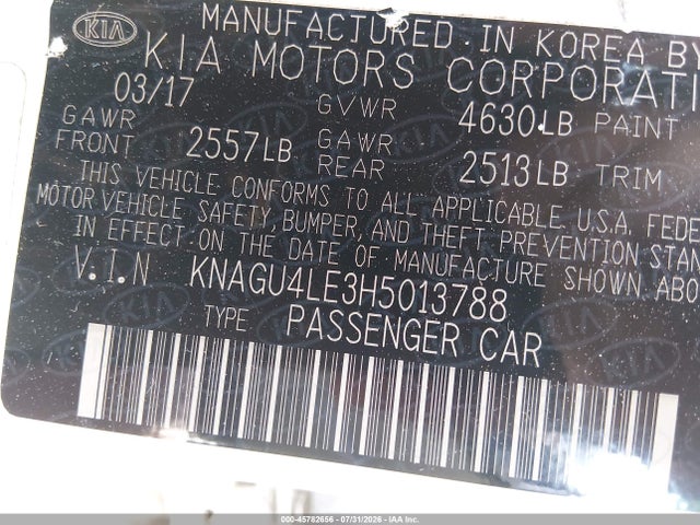 45782656 :رقم المزاد ، KNAGU4LE3H5013788 vin ، 2017 Kia Optima Hybrid Ex مزاد بيع