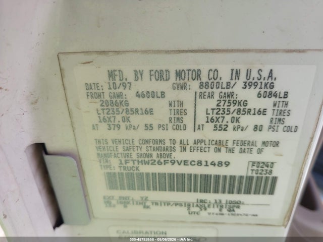 Aukcja sprzedaży 1997 Ford F-250 Xl, vin: 1FTHW26F9VEC81489, numer aukcji: 45782658