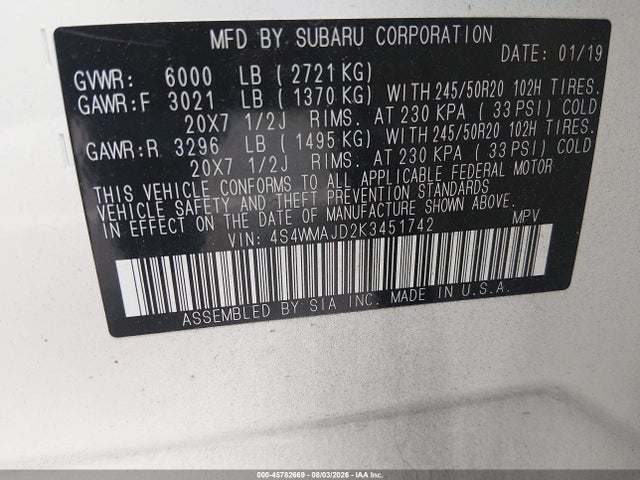 Продаж на аукціоні авто 2019 Subaru Ascent Limited, vin: 4S4WMAJD2K3451742, номер лоту: 45782669