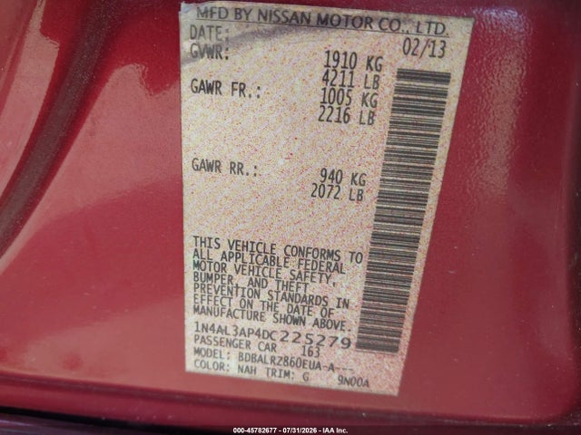 45782677 :رقم المزاد ، 1N4AL3AP4DC225279 vin ، 2013 Nissan Altima 2.5 S مزاد بيع