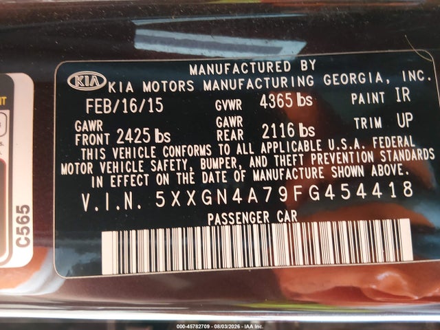 2015 Kia Optima Ex მანქანა იყიდება აუქციონზე, vin: 5XXGN4A79FG454418, აუქციონის ნომერი: 45782709