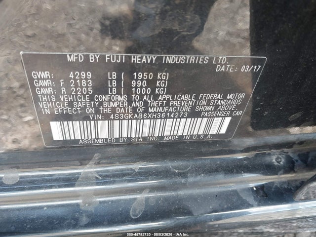 2017 Subaru Impreza 2.0i Premium მანქანა იყიდება აუქციონზე, vin: 4S3GKAB6XH3614273, აუქციონის ნომერი: 45782720
