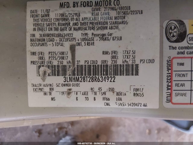 45782730 :رقم المزاد ، 3LNHM28T28R634922 vin ، 2008 Lincoln Mkz مزاد بيع