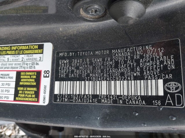 Продажа на аукционе авто 2012 Toyota Corolla L, vin: 2T1BU4EE4CC902248, номер лота: 45782732