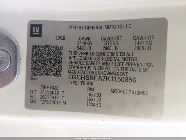 Aukcja sprzedaży 2019 Chevrolet Colorado Wt, vin: 1GCHSBEA7K1150856, numer aukcji: 45782742