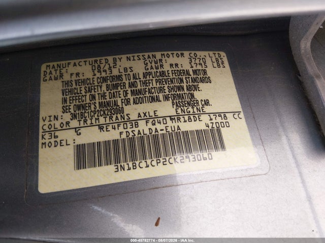 Продаж на аукціоні авто 2012 Nissan Versa 1.8 S, vin: 3N1BC1CP2CK293060, номер лоту: 45782774