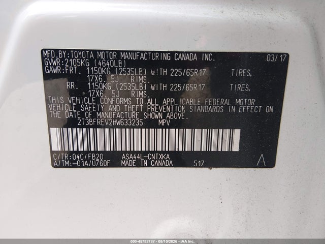 Продажа на аукционе авто 2017 Toyota Rav4 Le, vin: 2T3BFREV2HW633235, номер лота: 45782787