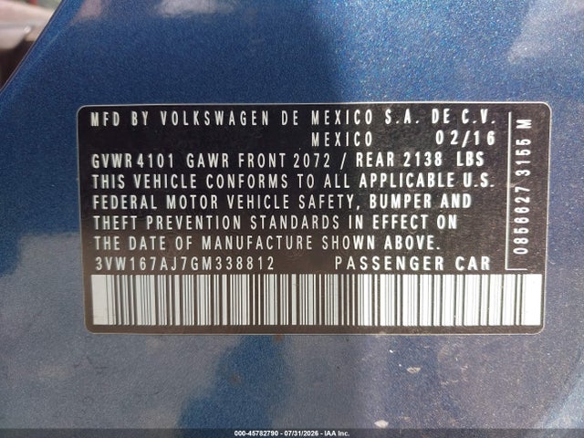 2016 Volkswagen Jetta 1.4t S მანქანა იყიდება აუქციონზე, vin: 3VW167AJ7GM338812, აუქციონის ნომერი: 45782790