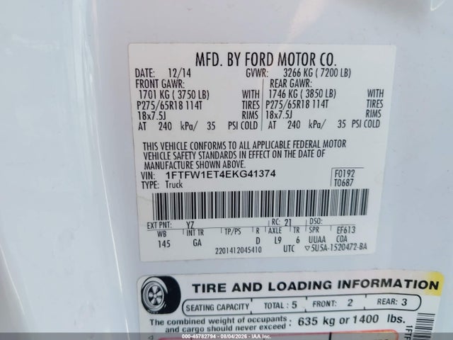 45782794 :رقم المزاد ، 1FTFW1ET4EKG41374 vin ، 2014 Ford F-150 Xlt مزاد بيع