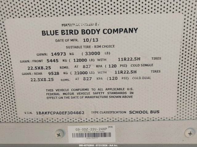 Aukcja sprzedaży 2014 Blue Bird School Bus / Transit Bus, vin: 1BAKFCPA0EF304662, numer aukcji: 45782808