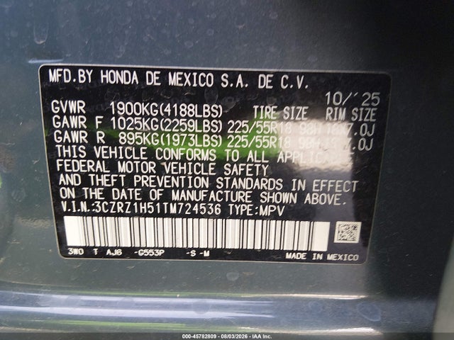 Продаж на аукціоні авто 2026 Honda Hr-v 2wd Sport, vin: 3CZRZ1H51TM724536, номер лоту: 45782809