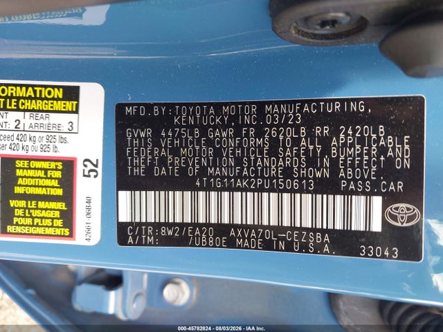 45782824 :رقم المزاد ، 4T1G11AK2PU150613 vin ، 2023 Toyota Camry Se مزاد بيع