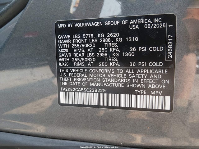 2025 Volkswagen Atlas Cross Sport 2.0t Se W/technology მანქანა იყიდება აუქციონზე, vin: 1V2KE2CA5SC228229, აუქციონის ნომერი: 45782829