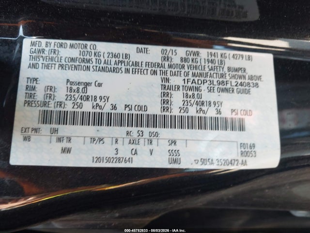 45782833 :رقم المزاد ، 1FADP3L98FL240838 vin ، 2015 Ford Focus St مزاد بيع